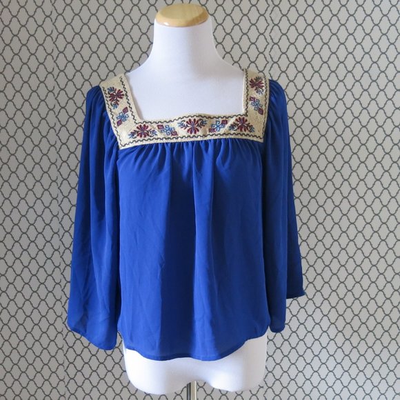 Flying Tomato Blue 3/4 Sleeve Embroidered Neck Detailed Top Blouse - Size XS - Picture 1 of 7
